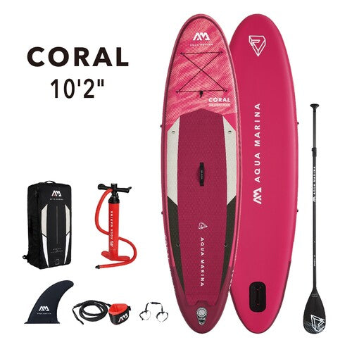 Model number BT-21COP. Inflatable paddle board Aqua marina Coral. Inflatable paddle board including pump, carrying bag, leash, paddle.